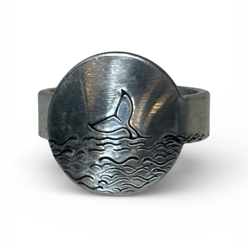 Handmade stamped silver tone hypoallergenic Whale Tail adjustable medallion Ring